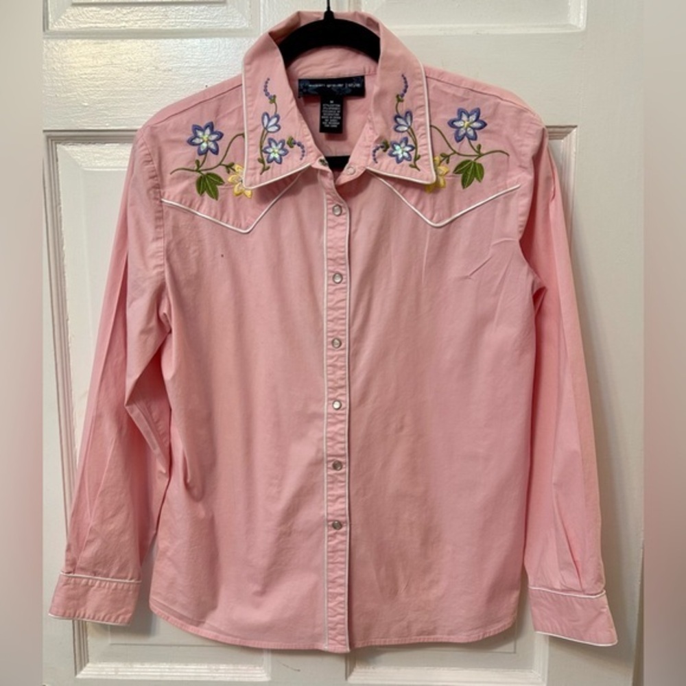 Susan Graver Women’s Western Shirt Sz L | Pink w Floral Embroidery Snaps
